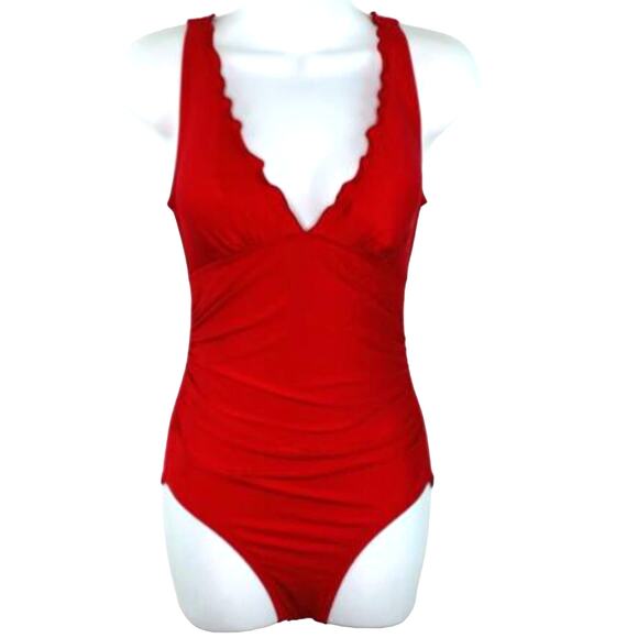 Dkny Women's Ruffle Solid Shirred Tummy Control One-Piece Swimsuit Red 18 NWT - Picture 3 of 3